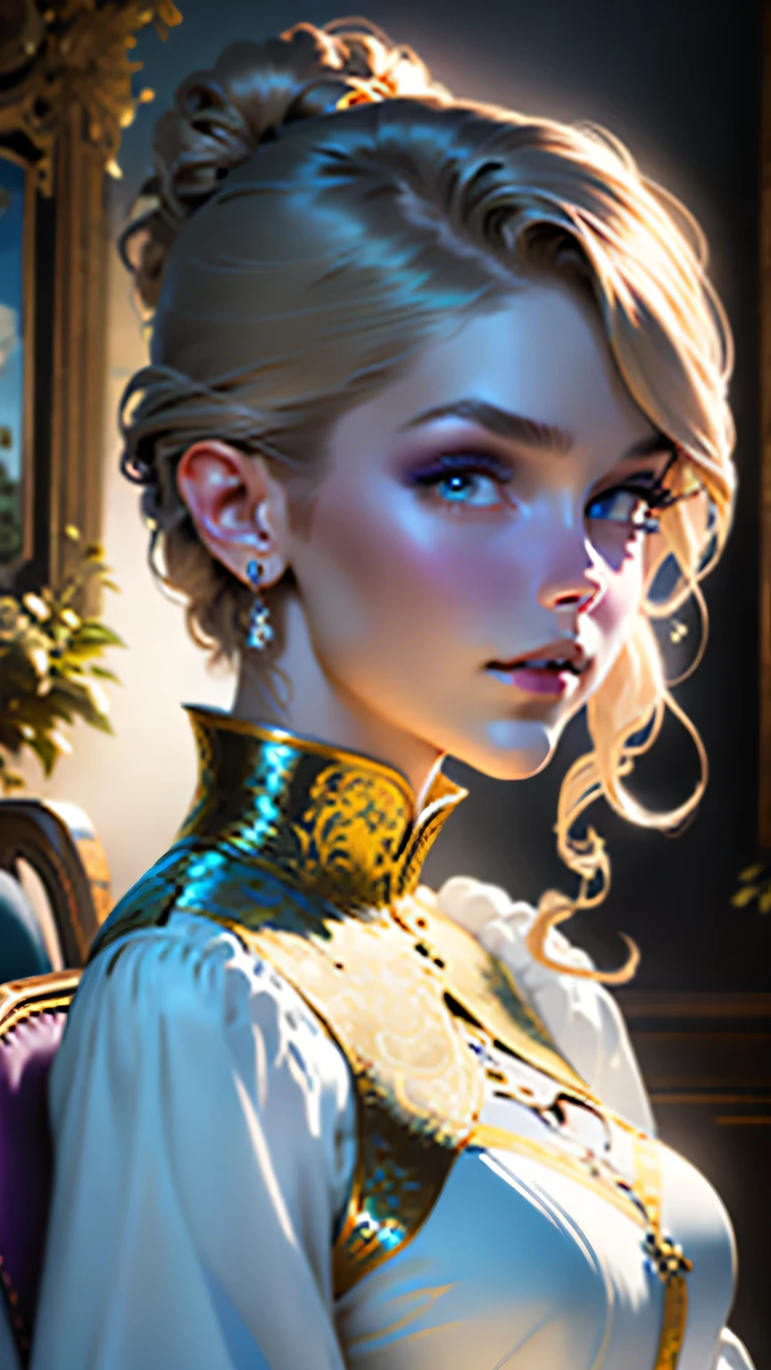 masterpiece, Highest quality, (8K wallpapers incorporating highly detailed CG), (Highest quality), (Best illustrations), (Best Shadow), (Stable Diffusion Model), Violet Evergarden, Sparkling, beautiful, victorian style bedroom, Dynamic Lighting, Written boundary depth、((Upper body portrait))、Upper body portrait