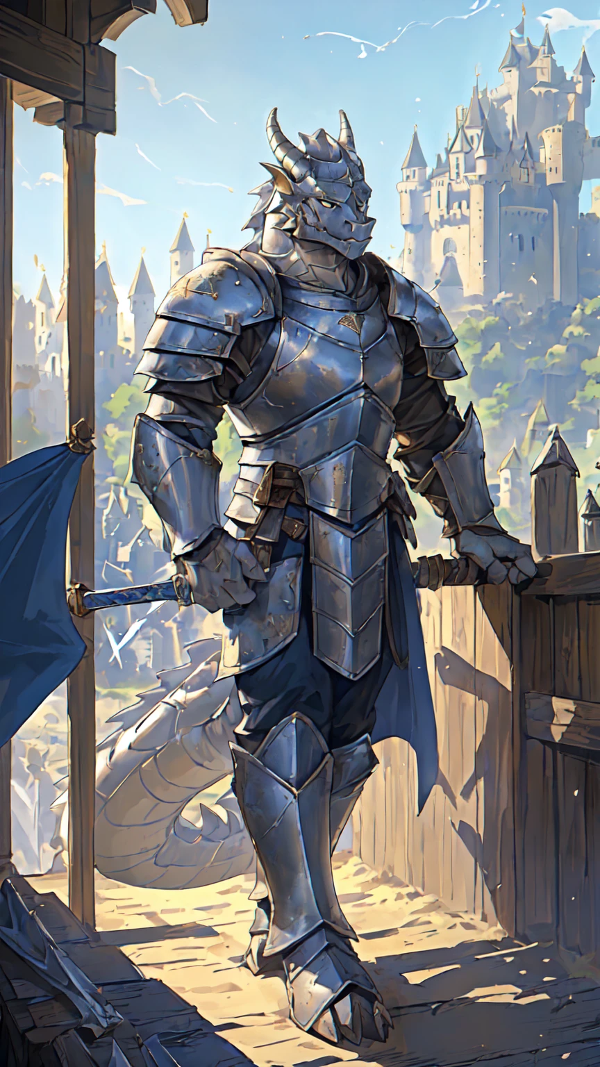 ((middle Ages:1.6,Castle Background:1.4)),((Cruz:1.6)),Sunlight,high resolution,4K,gay,(((whole body:1.1,sideways:1.3))),masterpiece,high quality,Calm and composed,((dragon)),male,dragonFurry,(ager:1.3),hairy,((stable,Handsome face:1.4)),((peaceful)),((Holding a long sword:1.2)),(((Strong:1.4,Long legs:1.3,Thick dragon tail:1.2))),(((Gray heads:1.2,Golden pupils:1.2,White Neck:1.3,Gray back of hands:1.4,White Skin:1.3))),(((White Armor:1.3,There is a blue flag on the armor:1.4))),Mature face,Exquisite eyes,Detailed body,Detailed hands,Detailed feet,Kenket's Art,Strike a pose:1.3