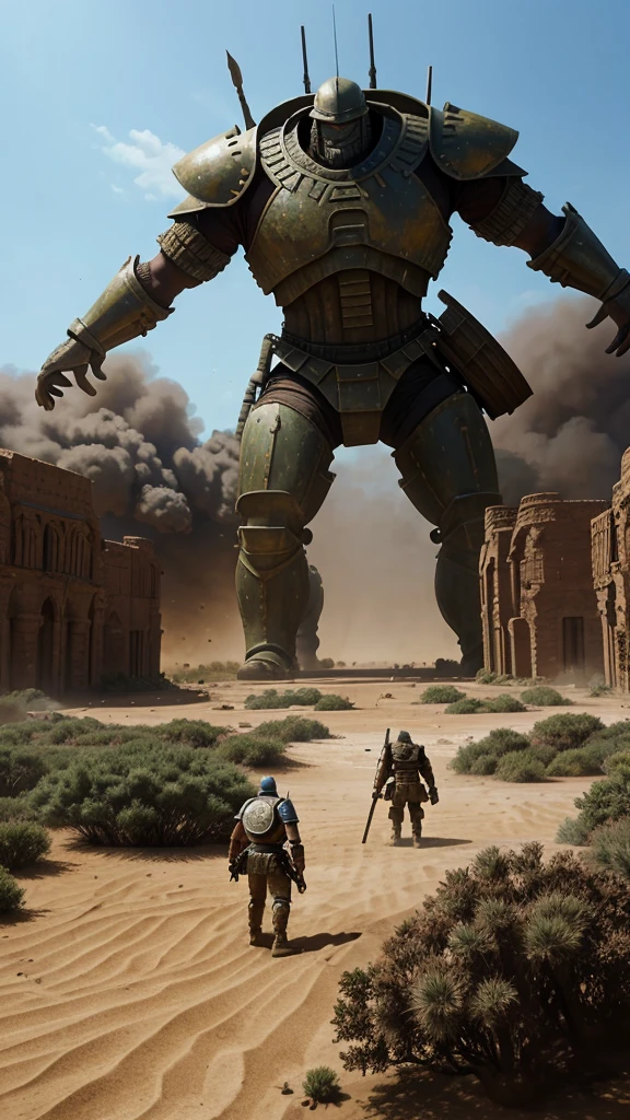 in pixar style Wide shot of a dusty battlefield. Two armies face off. In the foreground, a giant Philistine warrior, Goliath, stands armored and imposing.