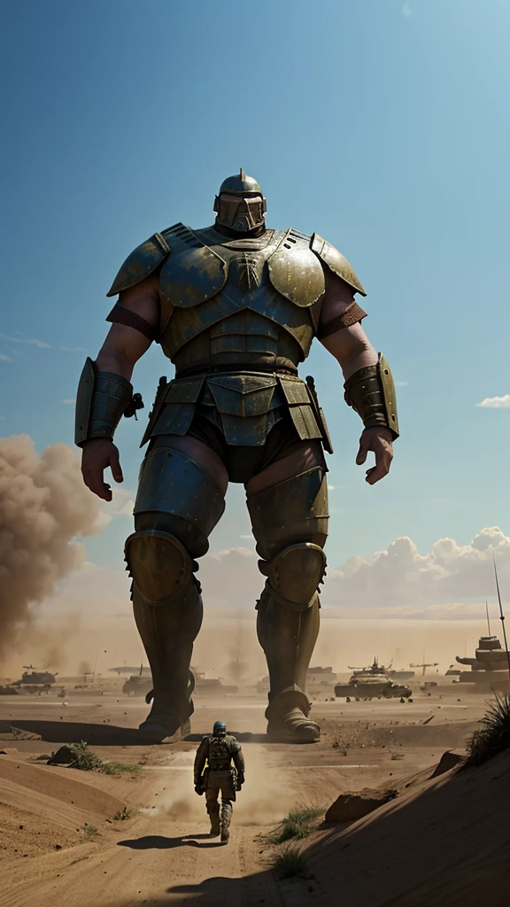 in pixar style Wide shot of a dusty battlefield. Two armies face off. In the foreground, a giant Philistine warrior, Goliath, stands armored and imposing.