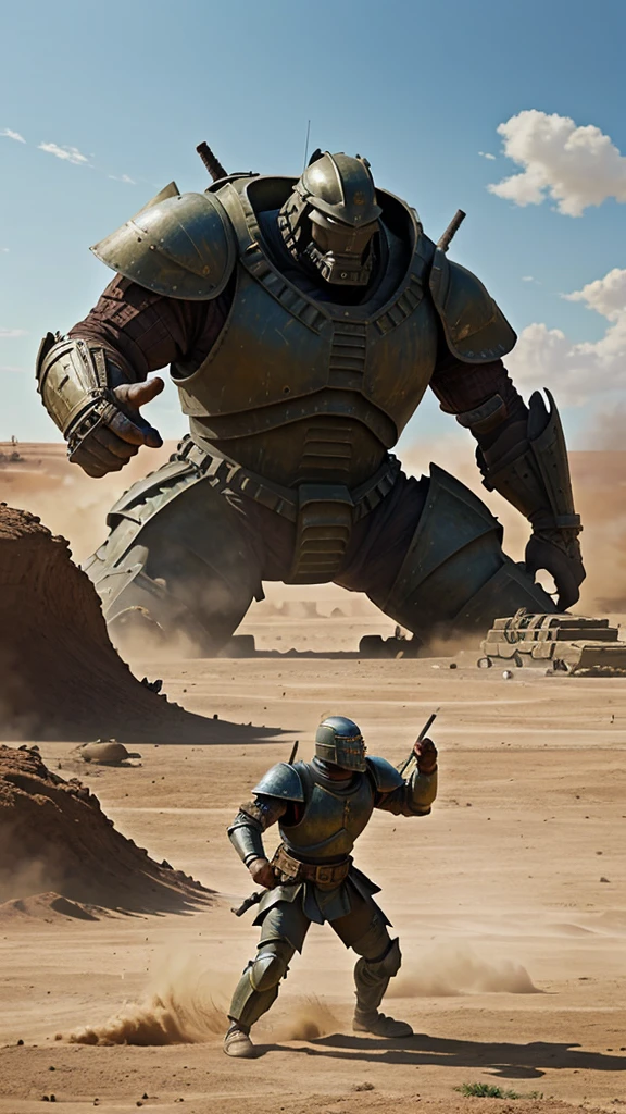 in pixar style Wide shot of a dusty battlefield. Two armies face off. In the foreground, a giant Philistine warrior, Goliath, stands armored and imposing.
