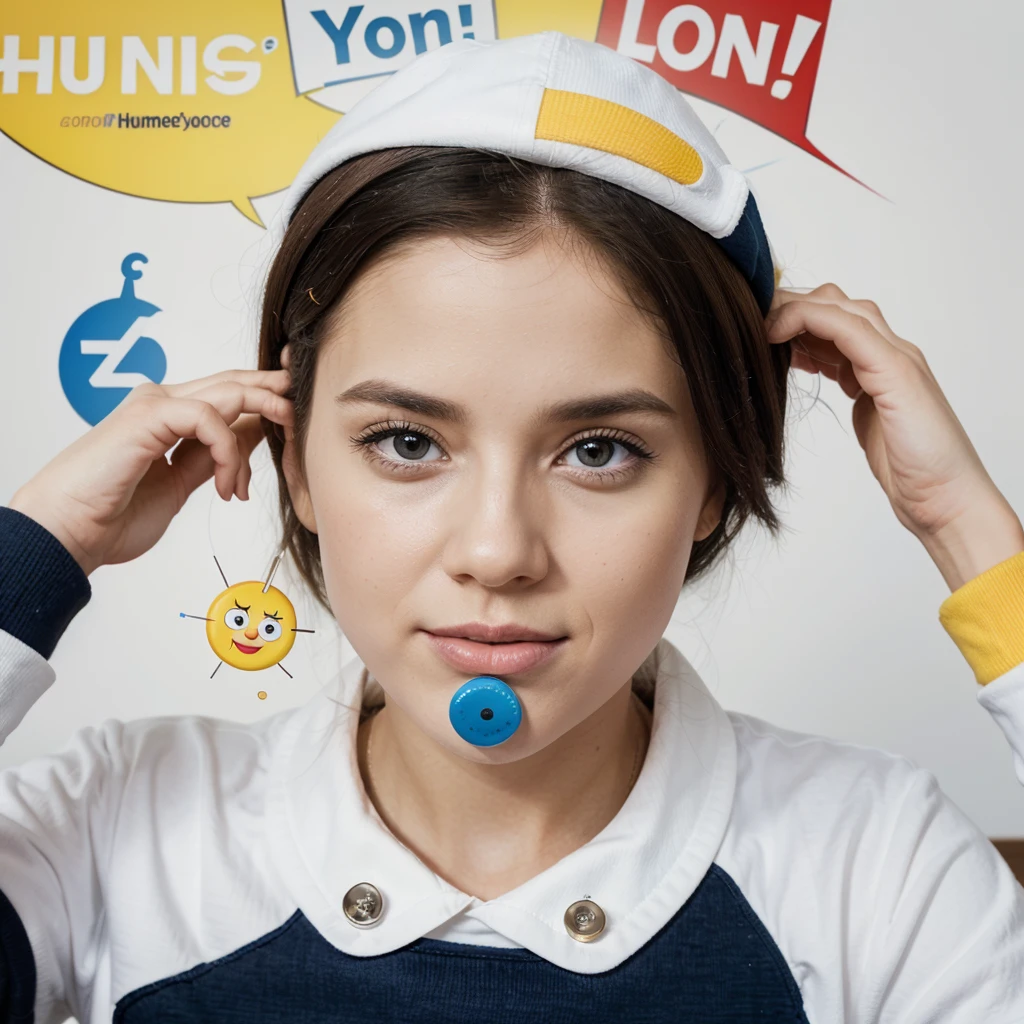"Create a logo for a YouTube channel called 'HumorHype'. The channel focuses on funny and educational sketches suitable for all ages, featuring smart humor. The logo should include a brain as a central element, symbolizing intelligence and humor. Use a color scheme of white, navy blue (dongker), and yellow. The font should be comic and retro style, evoking curiosity and entertainment."