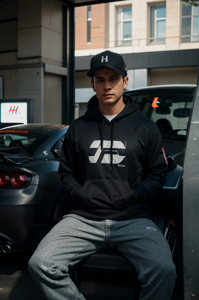 The man wearing a hoodie behind a sports car has the word "H" written on it.