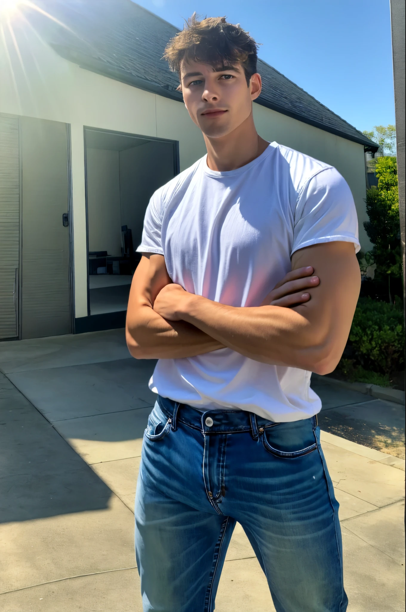 a handsome boy, masculine, realistic, upper_body, (masterpiece, best quality:1.2), darelljones, elegant pose, white shirt, blue jeans, outdoors, natural light,, (masterpiece,best quality:1.5)