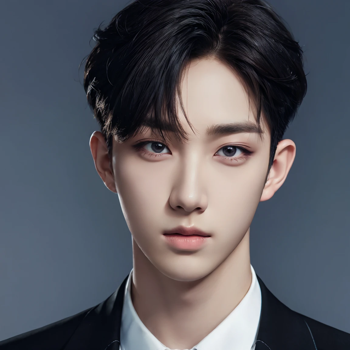 professional portrait photograph, handsome young man, model, crew cut, detailed face, plain background, kpop