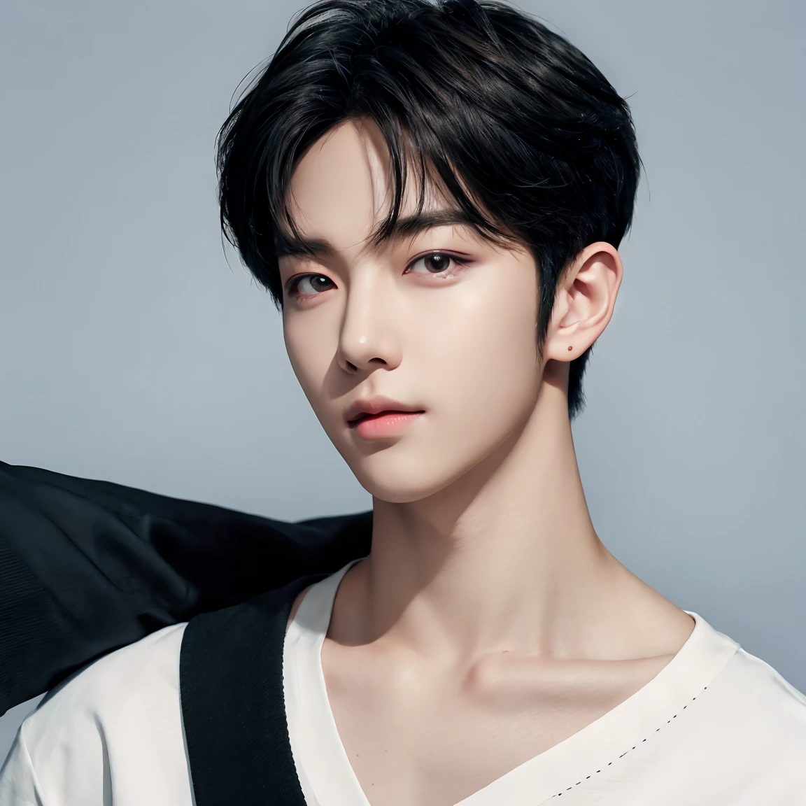 professional portrait photograph, handsome young man, model, crew cut, detailed face, plain background, kpop