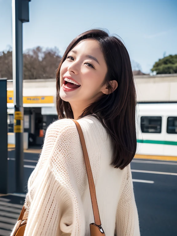 (((8K、High resolution、Highest quality、High resolution)))、alone、Attractive person、White skin、Natural Makeup、Shooting the whole body from the side、flaxen hair、Semi-long layer cut,Glamorous figure、 (White long sleeve knit blouse、beige plaid skirt、Beige tote bag), watch、White nails、At the station platform、sweat,((((blush, open mouth))))、smile