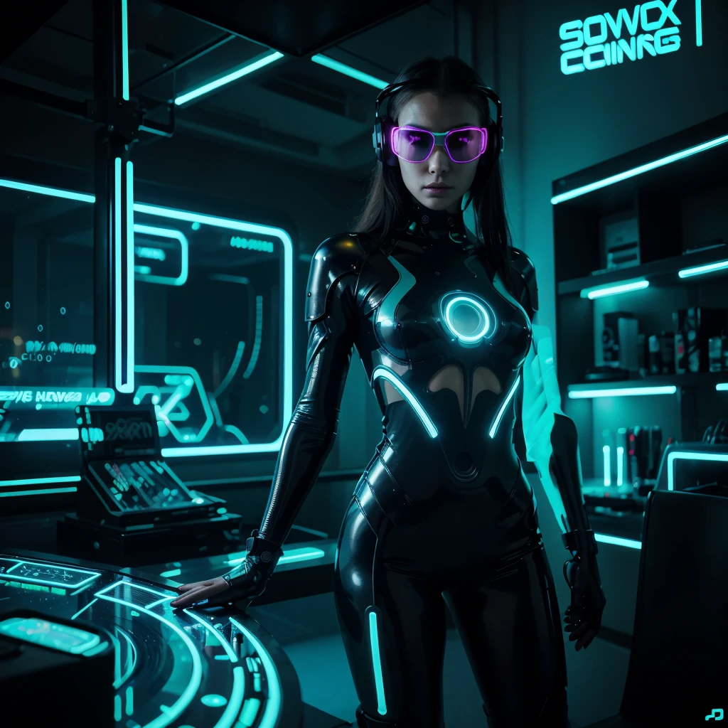 absurd resolution, high resolution, reflection, refraction:1.4 ultra-detailed:1.0 (illustration, line drawing), masterpiece, full-length, woman, techno Rave girl wearing Neon Clothing, Tron led lights of multiple neon tube light clothing. wearing DJ Headset, wearing cyber synth sunglasses, best quality, full body portrait of a woman cyberpunk dystopian female warrior, wearing a futuristic clear mask, detailed face and eyes, gorgeous, tough penetrating gaze, mechanical bodysuit with glowing neon wires, wielding a futuristic phosphorescent weapon, neon lighting, looking at viewer, digital photography, dof, sharp focus,