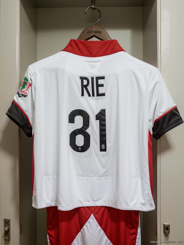 a indonesia red soccer jersey with white garuda batik accents, hang on locker, the name on the jersey back say “Reza”, number “9”, soccer world cup throphy