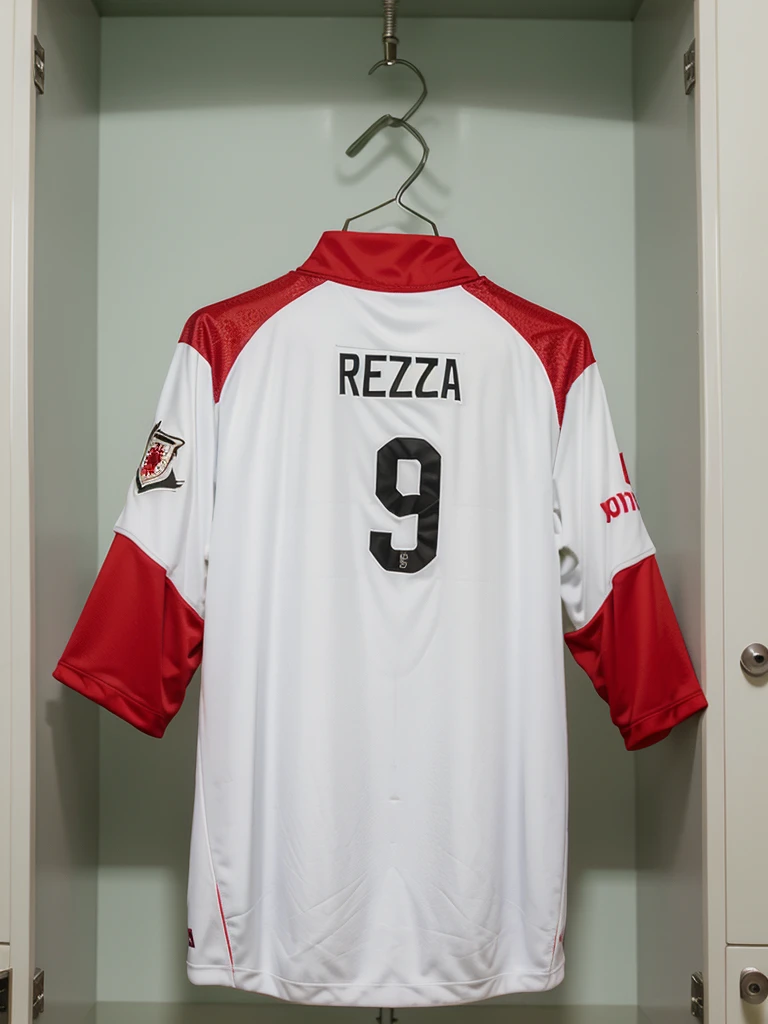 a indonesia red soccer jersey with white garuda batik accents, hang on locker, the name on the jersey back say “Reza”, number “9”, soccer world cup throphy