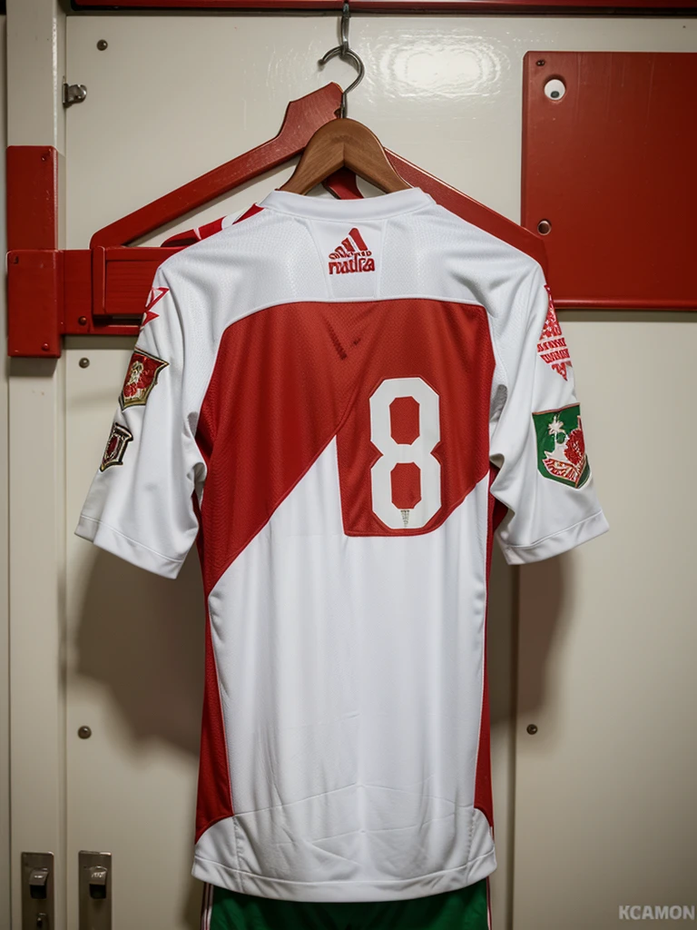 a indonesia red soccer jersey with white garuda batik accents, hang on locker, the name on the jersey back say “Reza”, number “9”, soccer world cup throphy