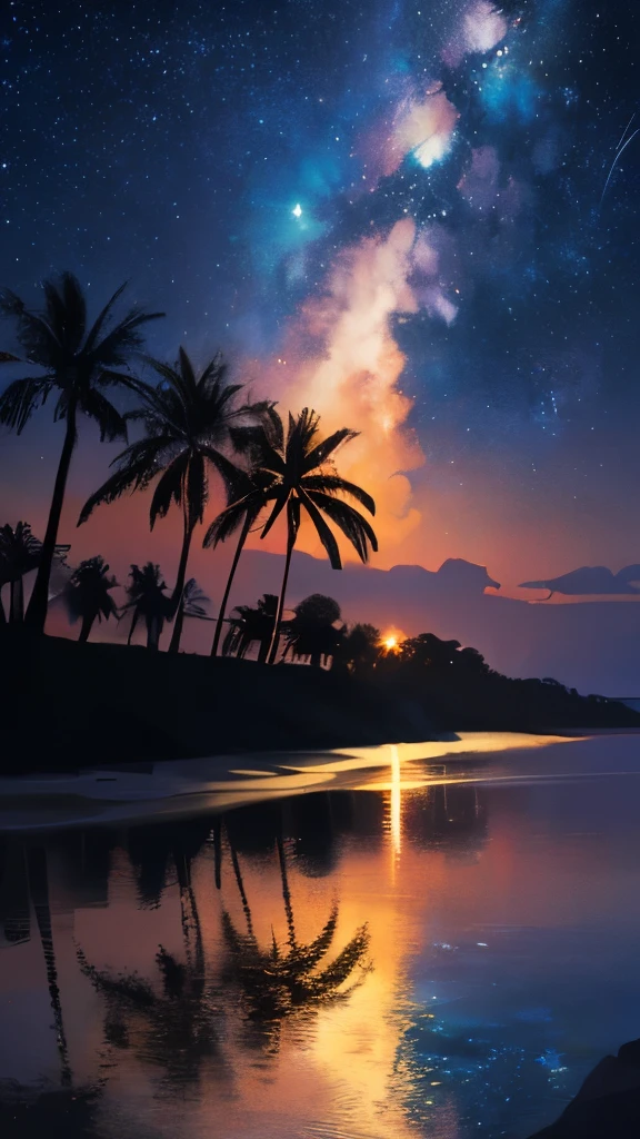 Tropical Sea,night,Beautiful starry sky,milky way,Palm tree,Glitter effect,Highest quality, 8K, High resolution, masterpiece:1.2, Very detailed, Realistic:1.37, High resolution, 超High resolution, Ultra-fine painting, Professional, Vibrant colors