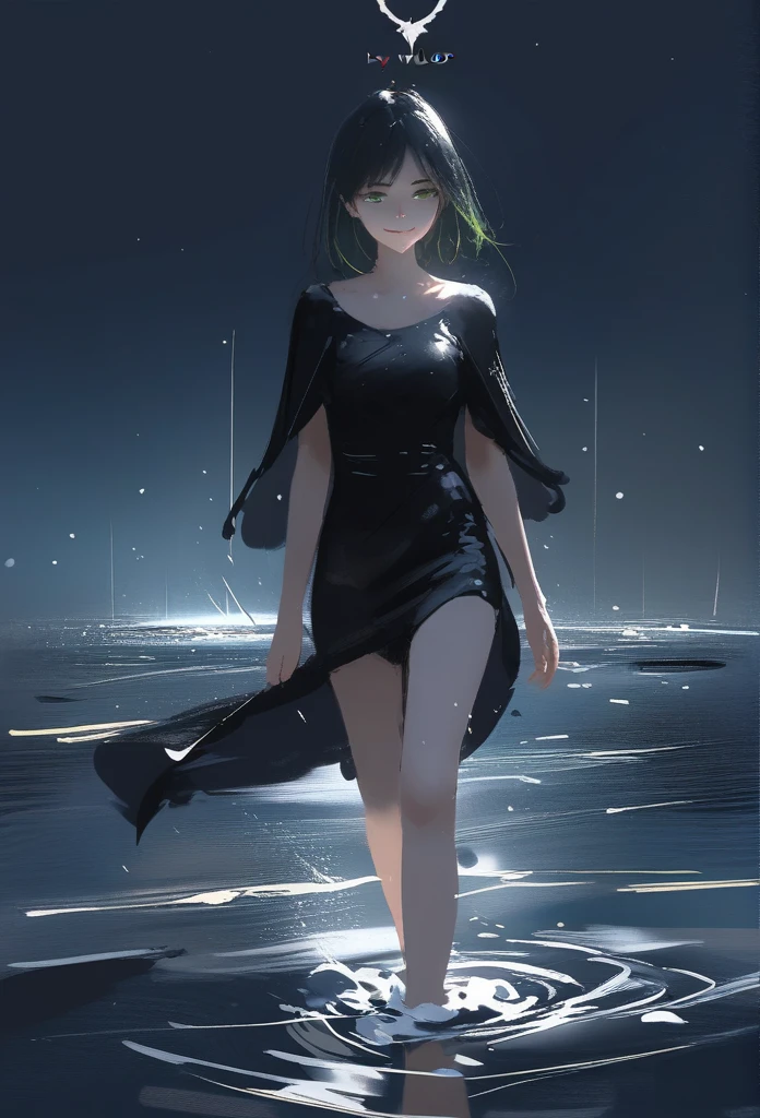 1girl, solo, wlop,
Long black hair, pale skin, green eyes, black cloak, subductive smile
Background; walking on water, nighttime
Masterpiece, best quality