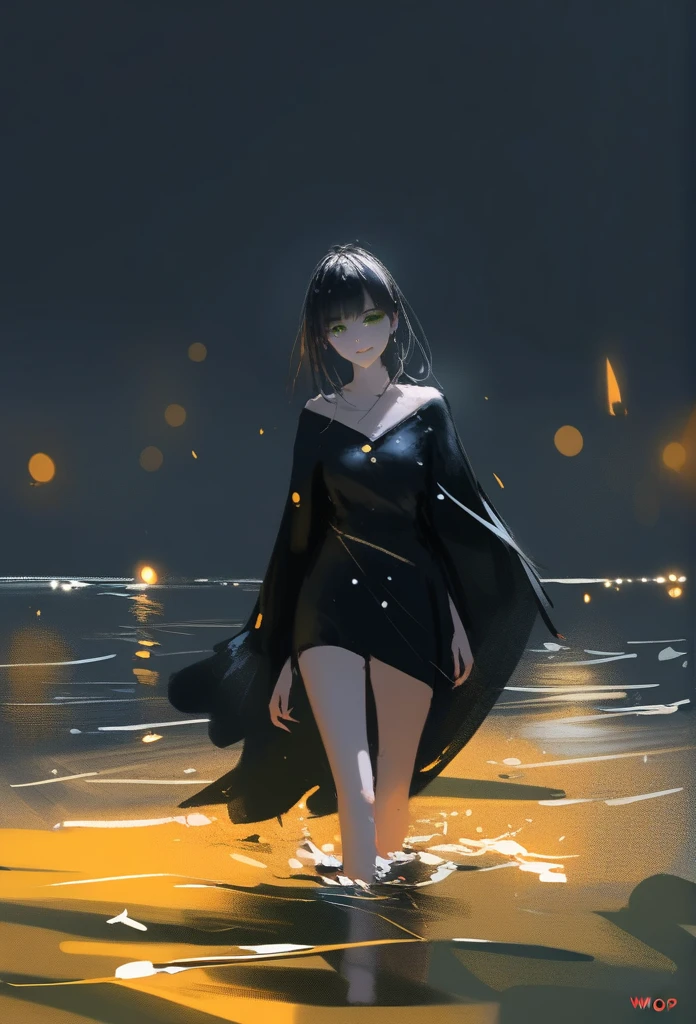 1girl, solo, wlop,
Long black hair, pale skin, green eyes, black cloak, subductive smile
Background; walking on water, nighttime
Masterpiece, best quality 
