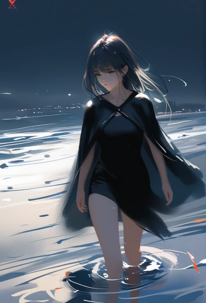 1girl, solo, wlop,
Long black hair, pale skin, green eyes, black cloak, subductive smile
Background; walking on water, nighttime
Masterpiece, best quality 