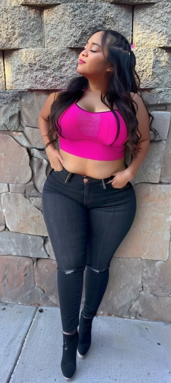 a woman standing in front of a stone wall, lorena avarez, alanis guillen, marischa becker, no clothes, full body shot close up, photograph of a techwear woman, beautiful girl, big ass, bbw, thick, thick thighs, wide hips, bbw, big , falling out the side, thick nipples, large areola, filipina, cute, chubby stomach, nipples poking out, tan skin, from front, muffin top, thick belly, oily, naked, no clothes