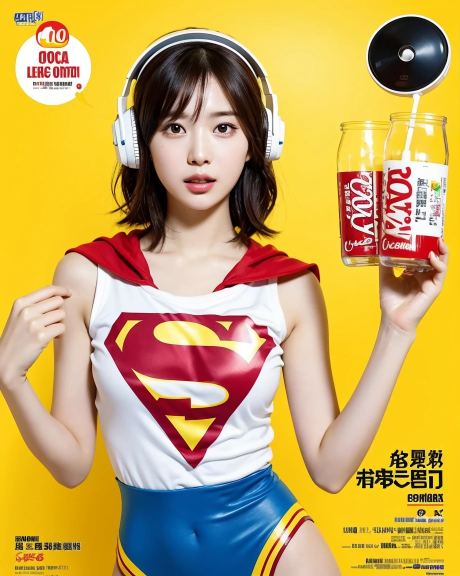 Realistic, 8K, masterpiece, RAW Photos, Highest quality, Realistic, 非常に詳細な CG Unity 8K 壁紙, Written boundary depth, Cinematic Light, Lens flare, Ray Tracing, Perfect lighting,short hair, (Delicate skin), (Delicate face), (Pop Background :1.1), person standing and watching、Comical movement,1 female,Supergirl Costume、Headphones,(Yellow background),Modern Style,Artistic,moving composition,Unique Pattern,Bold Texture,colorful,Imaginative,Whimsical,Vibrant,like々Shii,Playful,Lively,creative,Expressive,stylish,tendency,One Girl,Eating pizza、Coca-Cola Poster、Lemon on the background