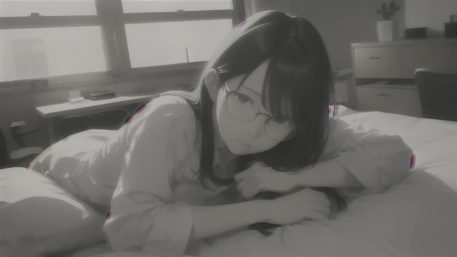 The room was dimly lit.、From the window, you can feel the silence before dawn outside.。On the simple bed in the center of the room、An office lady wearing glasses is lying down。There&#39;s still sleep on her face、Staring blankly at the ceiling。In the corner of the room、The little light is on、The light softly illuminates her face.。At the side of the bed、There are some books and notepads、A part of her daily life unfolds there.。In the quiet and calm room before dawn、She seems to be sorting out her thoughts.。