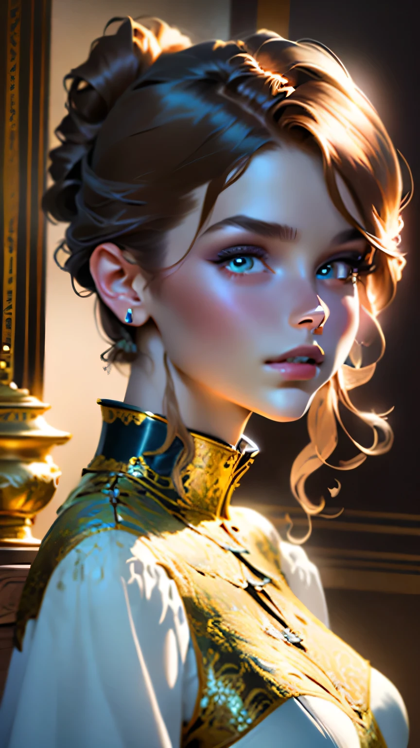 masterpiece, Highest quality, (8K wallpapers incorporating highly detailed CG), (Highest quality), (Best illustrations), (Best Shadow), (Stable Diffusion Model), Violet Evergarden, Sparkling, beautiful, victorian style bedroom, Dynamic Lighting, Written boundary depth､((Upper body portrait))､Upper body portrait