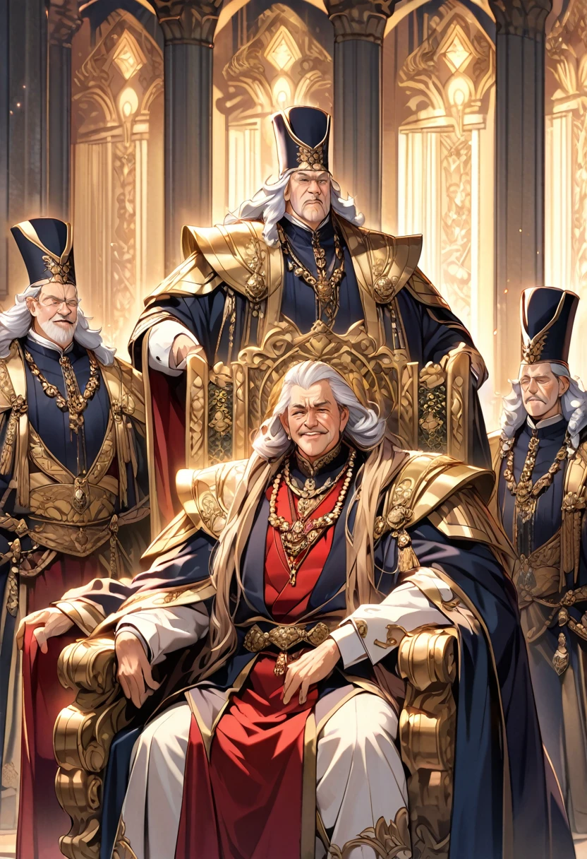 Many old uncles, nobles, had long hair, wore high hats, and wore luxury gold and diamond necklaces. Throne hall background