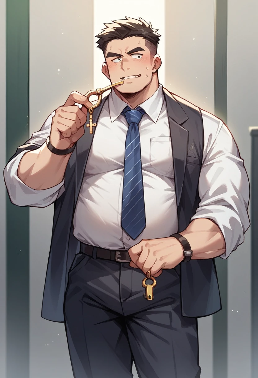 24 year old male, body weight 70kg, just an ordinary face, fair skin, wear a formal office suit, holding an important key in his hand, looking forward.