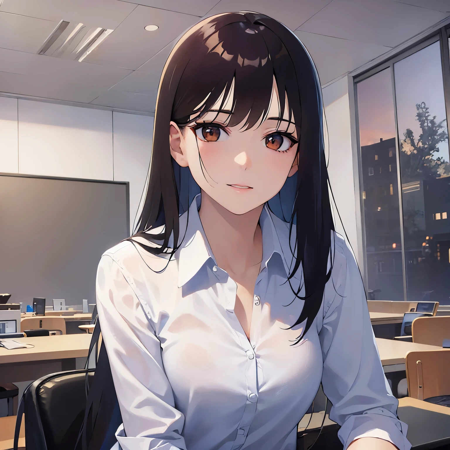 (looking away:1.5), Upper Body, Realistic, real person, (pale skin: 1.2), RAW photo, photorealistic, shiny skin, shiny hair、(A 25-year-old woman with medium-length hair and bangs) and (wavy hair) and (brown hair) and (Orange Eyes) , (business suit:1.5) and (white collared shirt) 、smile, Background is an office room、Alone、Sitting