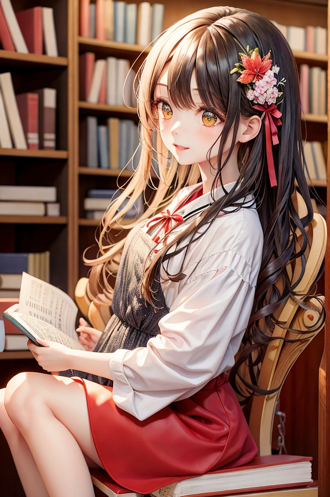 Girl reading a book in the library、Long Hair－、White dress with red ribbon、Flower Hair Ornaments