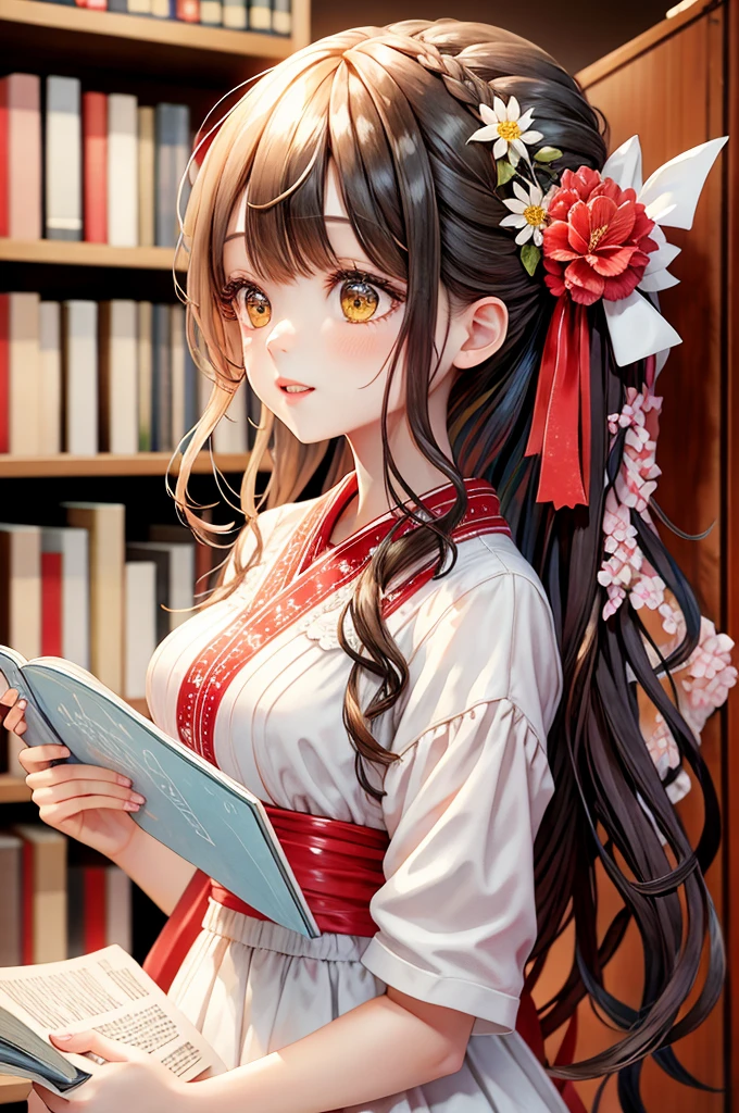 Girl reading a book in the library、Long Hair-、White dress with red ribbon、Flower Hair Ornaments