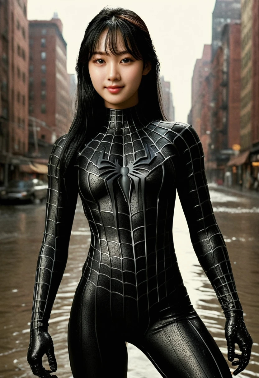 score_9, score_8_up, score_7_up, best quality, realistic, masterpiece, beautiful detail, hyperrealistic, (1girl, woman body, large breast, smile), amazing detailed full body portrait of a beautiful ulzzang girl, wearing a realistic and highly detailed black raimi spider-man suit, ((huge muscular girl)), professional model wears ultra - detailed black raimi spider - man suit, ultra - detailed and grained black raimi spiderman suit, suit covered entire body and hand, black spiderman gloves, wet, (spider man pose), (full body), (dirty skin), close up, octane render, highly detailed, volumetric, dramatic lighting, (highest quality:1.1), (HDR:1.3), (top quality, best quality), realistic, high definition,
