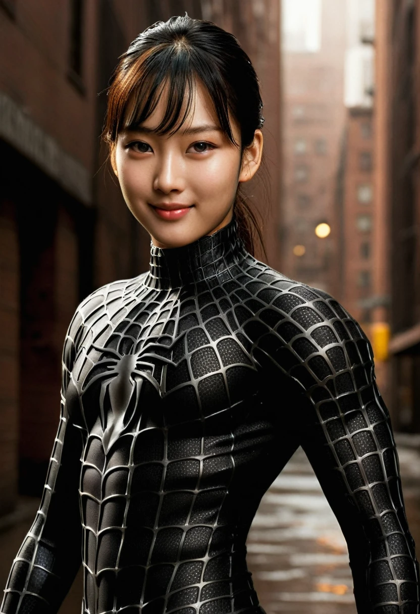 score_9, score_8_up, score_7_up, best quality, realistic, masterpiece, beautiful detail, hyperrealistic, (1girl, woman body, large breast, smile), amazing detailed full body portrait of a beautiful ulzzang girl, wearing a realistic and highly detailed black raimi spider-man suit, ((huge muscular girl)), professional model wears ultra - detailed black raimi spider - man suit, ultra - detailed and grained black raimi spiderman suit, suit covered entire body and hand, black spiderman gloves, wet, (spider man pose), (full body), (dirty skin), close up, octane render, highly detailed, volumetric, dramatic lighting, (highest quality:1.1), (HDR:1.3), (top quality, best quality), realistic, high definition,