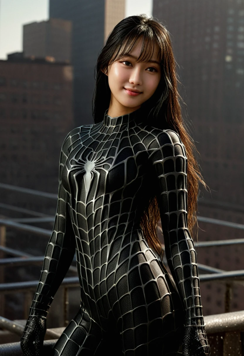 score_9, score_8_up, score_7_up, best quality, realistic, masterpiece, beautiful detail, hyperrealistic, (1girl, woman body, large breast, smile), amazing detailed full body portrait of a beautiful ulzzang girl, wearing a realistic and highly detailed black raimi spider-man suit, ((huge muscular girl)), professional model wears ultra - detailed black raimi spider - man suit, ultra - detailed and grained black raimi spiderman suit, suit covered entire body and hand, black spiderman gloves, wet, (spider man pose), (full body), (dirty skin), close up, octane render, highly detailed, volumetric, dramatic lighting, (highest quality:1.1), (HDR:1.3), (top quality, best quality), realistic, high definition,
