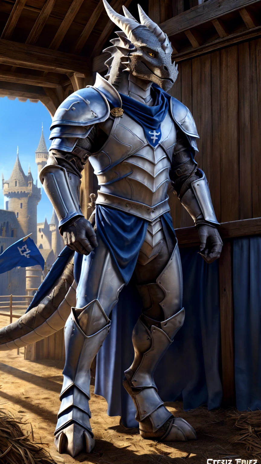 ((middle Ages:1.6,Castle Background:1.4)),((Cruz:1.6)),Sunlight,high resolution,4K,gay,(((whole body:1.1,sideways:1.3))),masterpiece,high quality,Calm and composed,((dragon)),male,dragonFurry,(teenager:1.3),hairy,((stable,Handsome face:1.4)),((peaceful)),((Holding a long sword:1.2)),(((Strong:1.4,Long legs:1.3,Thick dragon tail:1.2))),(((Gray heads:1.2,Golden pupils:1.2,White Neck:1.3,Gray back of hands:1.4,White Skin:1.3))),(((White Armor:1.3,There is a blue flag on the armor:1.4))),Mature face,Exquisite eyes,Detailed body,Detailed hands,Detailed feet,Kenket's Art,Strike a pose:1.3
