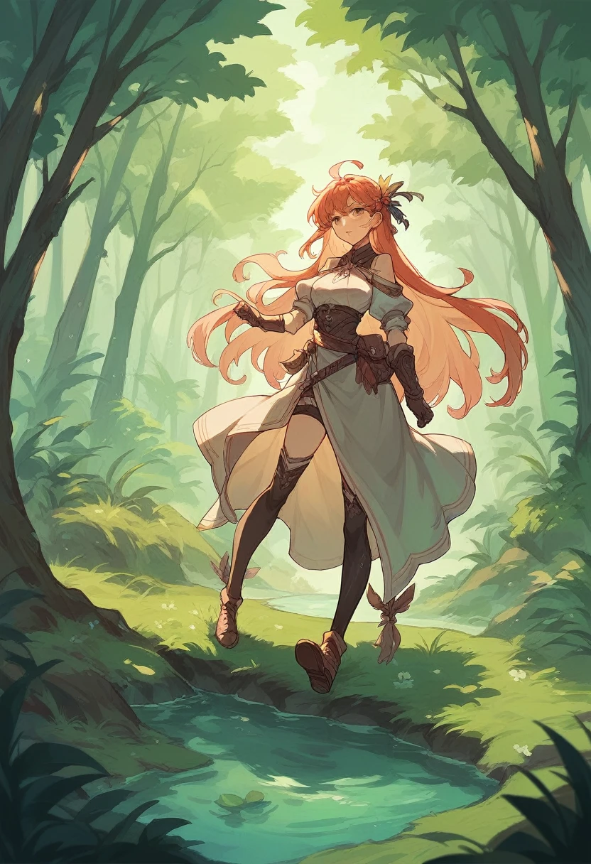 an anime female character in the middle of a lush forest, looking at the sound coming from the sky.