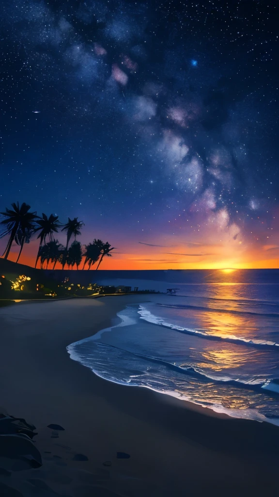 Tropical Sea,night,Beautiful starry sky,milky way,Palm tree,Glitter effect,Highest quality, 8K, High resolution, masterpiece:1.2, Very detailed, Realistic:1.37, High resolution, 超High resolution, Ultra-fine painting, Professional, Vibrant colors