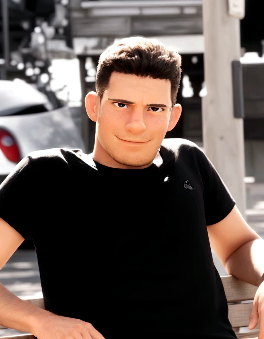 man sitting on a bench in a black shirt, looking at the camera in disney style