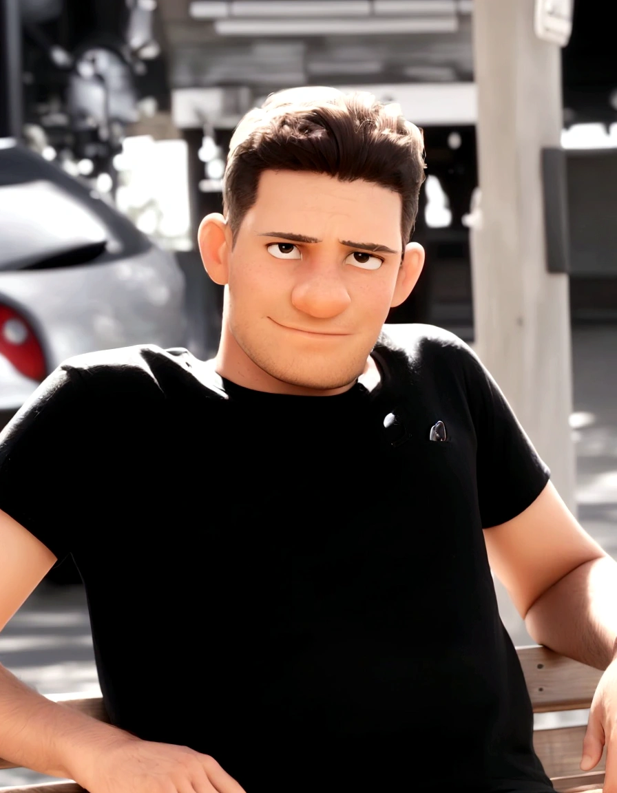 man sitting on a bench in a black shirt, looking at the camera in disney style