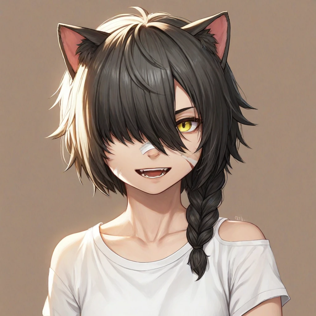 1 girl, Alone, wide, looking at the viewer, black fur, bandage on face, yellow eyes, animal ears, SMILE, bandage on nose, braid, cat ears, bandage, hits, old, fake animal ears, simple background, Open mouth, canine, , bare shoulders, SCAR, teeth, shirt, bare shoulders, white shirt, short sleeves, Closed mouth, t-shirt, hair over one eye, portrait, if, hair over the shoulder, Bermuda,