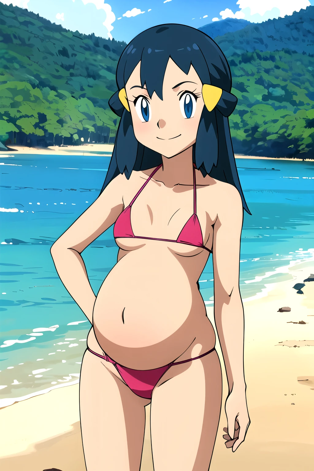 masterpiece, best quality, highres, 1girl, solo, dawn (pokemon), outdoors, bare shoulders, smile, playa, fondo de playa, sonrisa, bikini, microbikini, micro bikini, pink bikini, pregnant, embarazada, vientre de embarazo, barriga de embarazada.