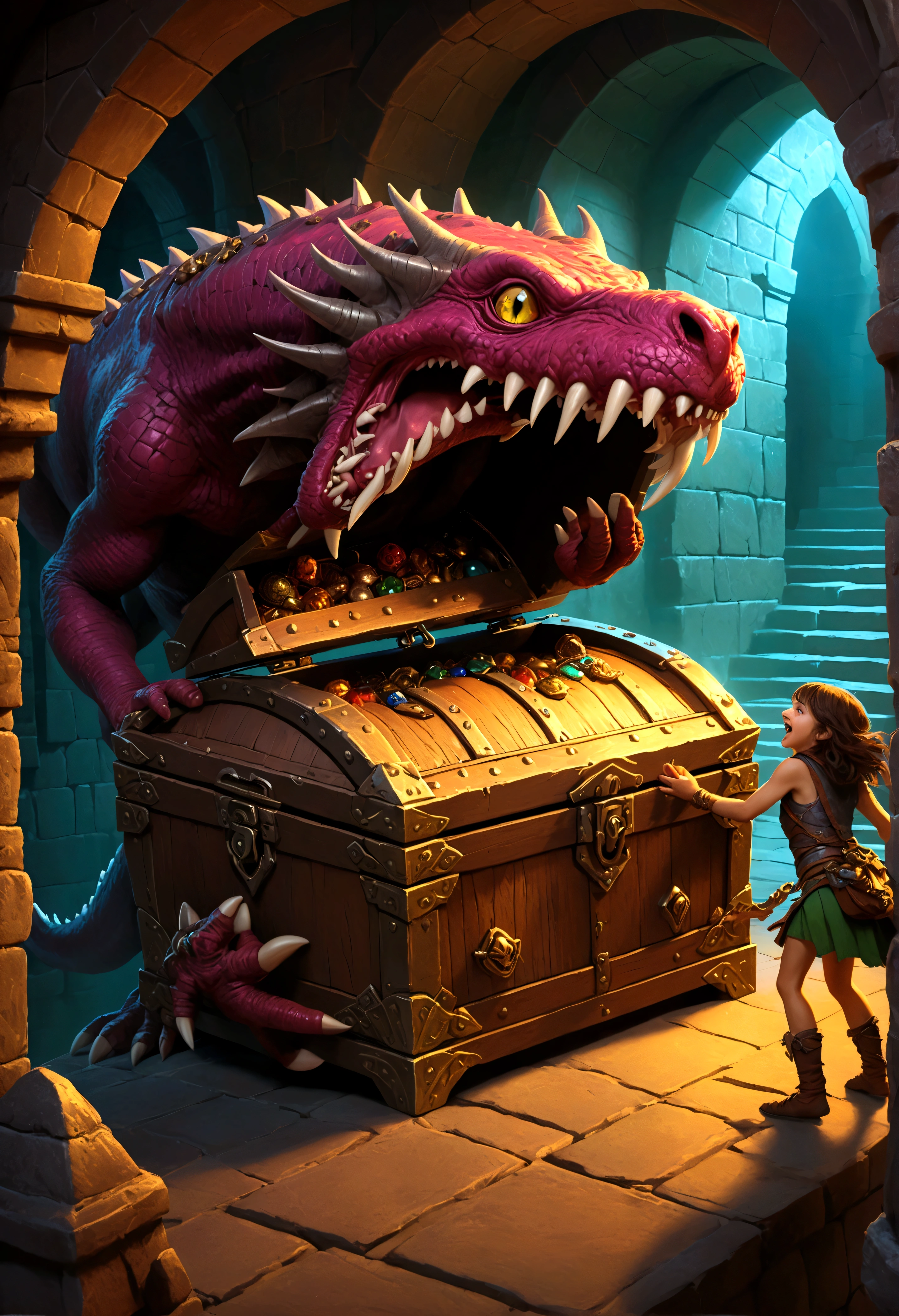 A treasure chest mimic opening its toothy maw, chasing a cute halfling thief woman, high fantasy dungeon, detailed fantasy creature, intricate architectural elements, dramatic lighting, fantasy art, cinematic composition, vibrant colors