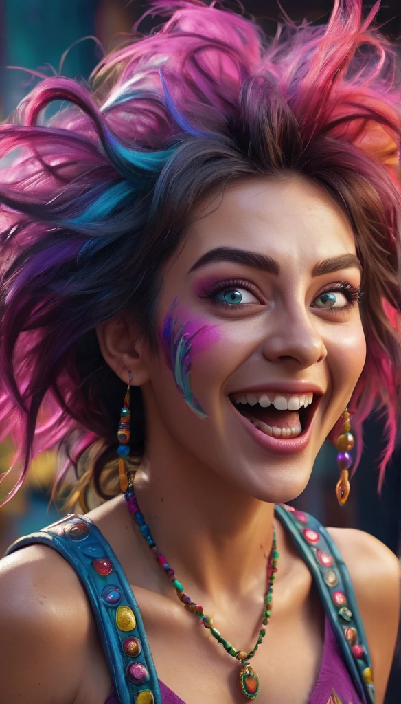 a crazy mimic woman, incredibly detailed face and expression, exaggerated features, wide open eyes, gaping open mouth, silly grin, messy hair, vibrant colors, dynamic pose, fantasy art style, highly detailed, digital painting, cinematic lighting, photorealistic, 8k, masterpiece