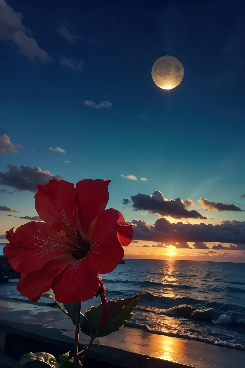 Hibiscus and Water Drop Moon,Neon glow, Random Background, sunrise, Boca mood
