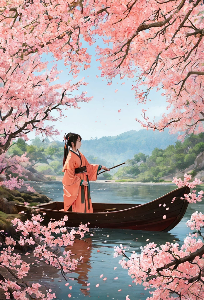 A fisherman from the Jin Dynasty gently rowed a small wooden boat along a creek when a dense, low-hanging peach blossom forest appeared before him. Peach branches extended over the creek, and the forest stretched along both banks for hundreds of meters. The grass beneath the trees was dotted with colorful wildflowers. Peach blossom petals fell like rain, dancing in the air and settling on the ground and in the creek. There were no buildings in sight. The scene was dominated by peach blossoms, with 80% of the view filled with their bright and cheerful hues.