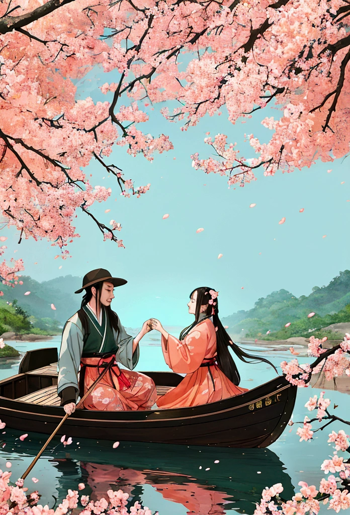 A fisherman from the Jin Dynasty gently rowed a small wooden boat along a creek when a dense, low-hanging peach blossom forest appeared before him. Peach branches extended over the creek, and the forest stretched along both banks for hundreds of meters. The grass beneath the trees was dotted with colorful wildflowers. Peach blossom petals fell like rain, dancing in the air and settling on the ground and in the creek. There were no buildings in sight. The scene was dominated by peach blossoms, with 80% of the view filled with their bright and cheerful hues.