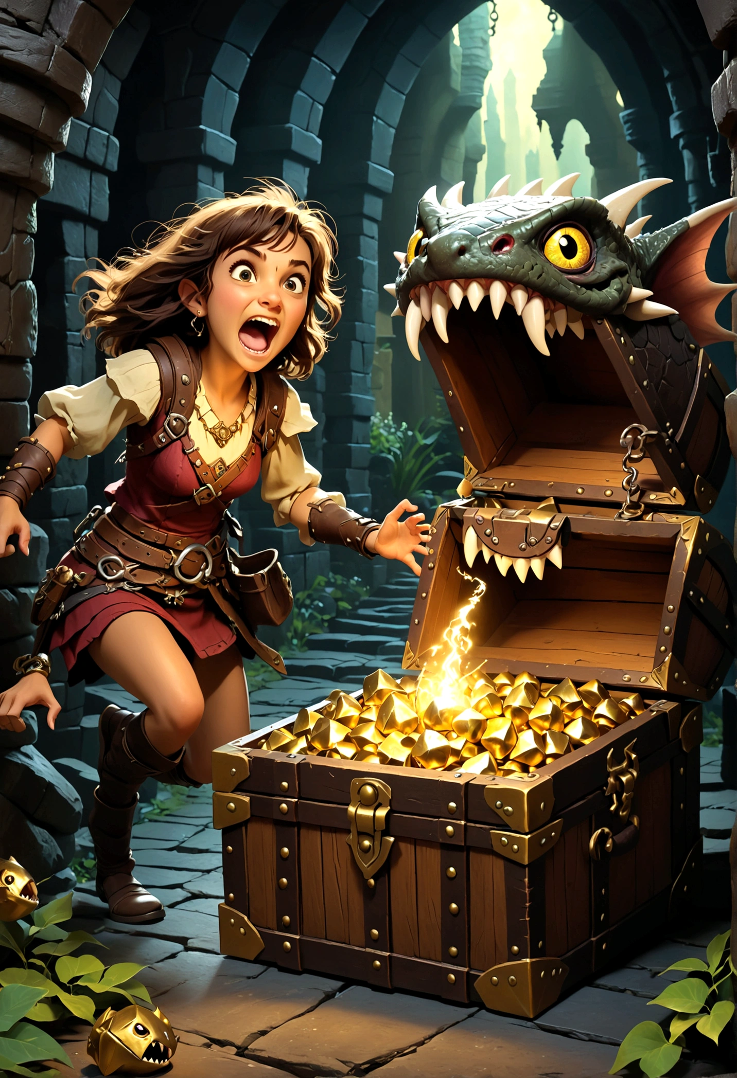 A treasure chest mimic opens its toothy maw and chases after a cute halfling thief woman, dungeon, high fantasy