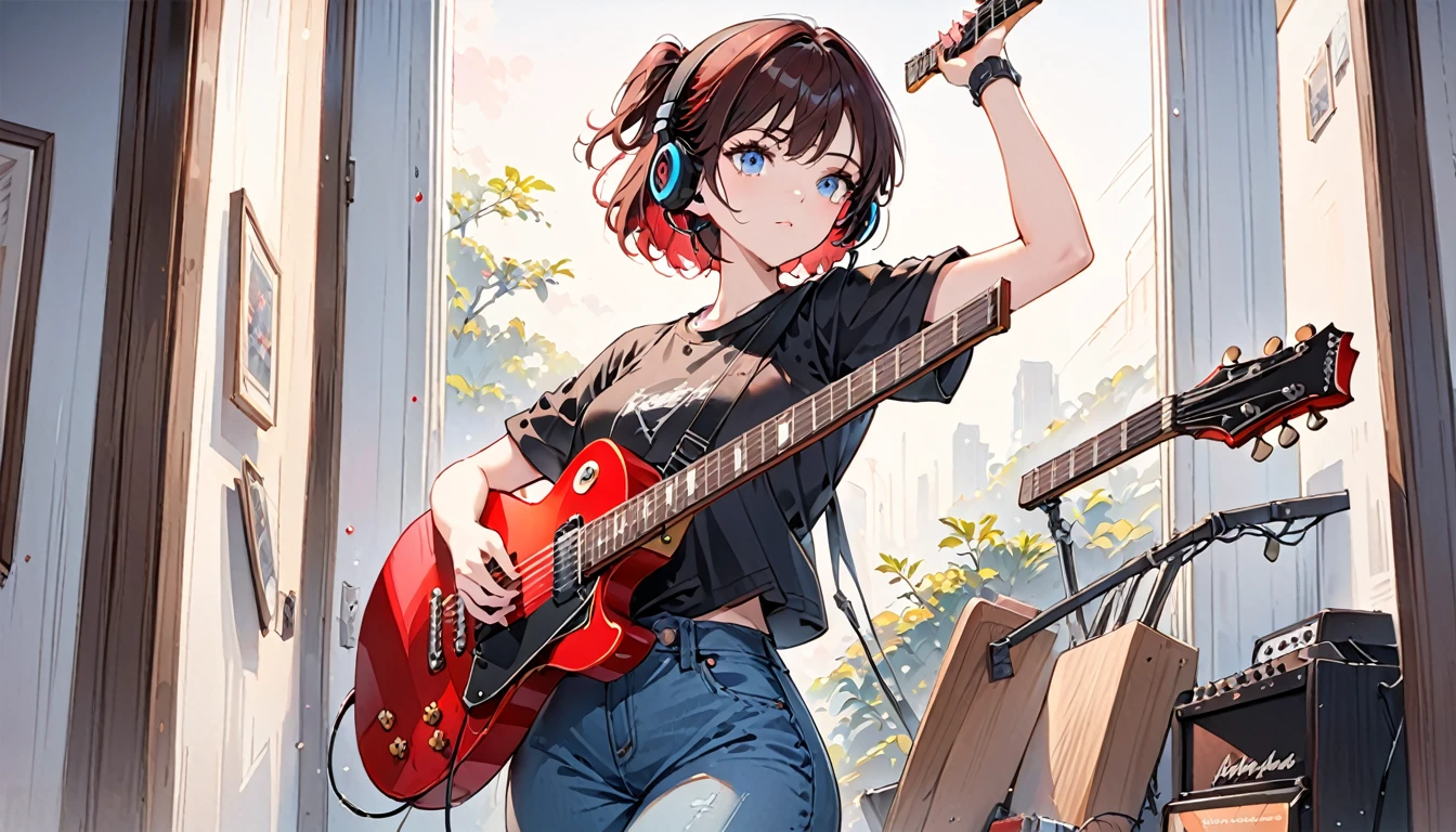 ((Masterpiece, Best Quality)) 1 girl in, Alone, black skirt, blue eyes, electric guitar, guitar, headphones, holding up, Holding a barb, instrument, short hair, music, from one side up,red reflection dark hair, tocando la guitar, jeans , black shirt, inside