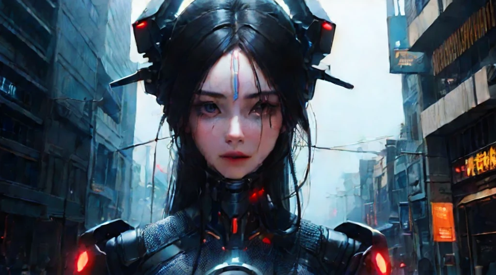 Artificial woman, futuristic technology, movie scenes, 3 d modeling, Surrealism, cyber punk, decaying city, computers, chatGPT, Close do robô AI