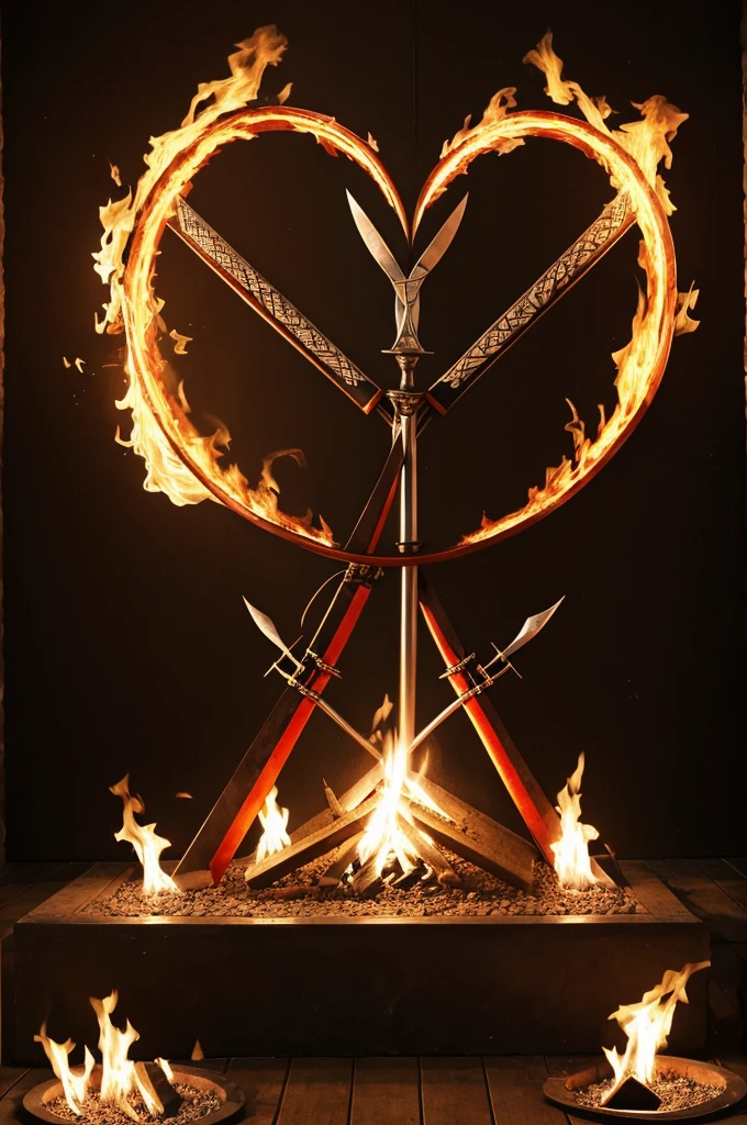 Heart on fire with two crossed swords in the background 
