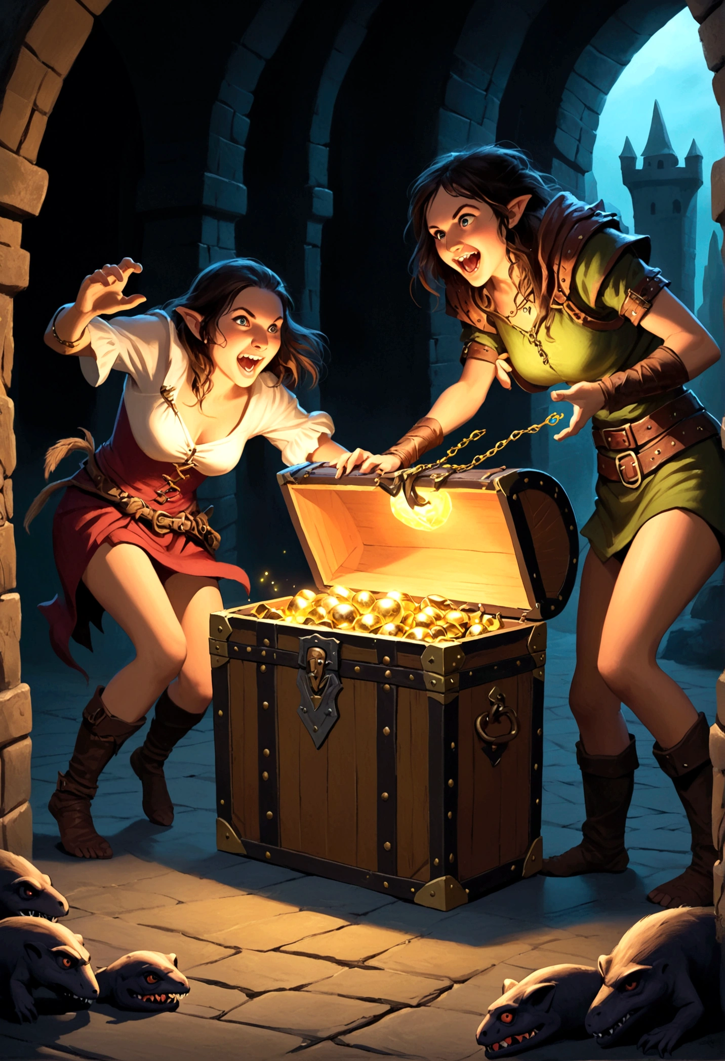 A treasure chest mimic opens its toothy maw and chases after a cute halfling thief woman, dungeon, high fantasy