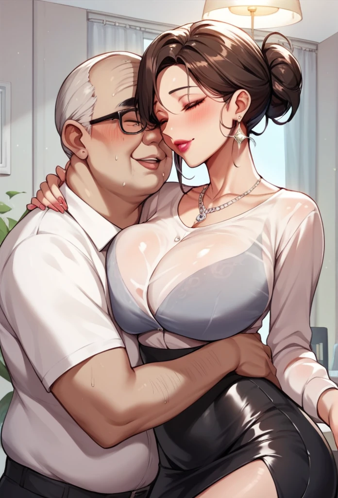 Hot sexy beautiful cute milf hugging with ugly fat old man in office cabin ,brown see through t shirt,black pencil skirt, silver chandelier earrings,big breasts,  lipstick,makeup, brown ,hair bun,two falling hair strands,blush,