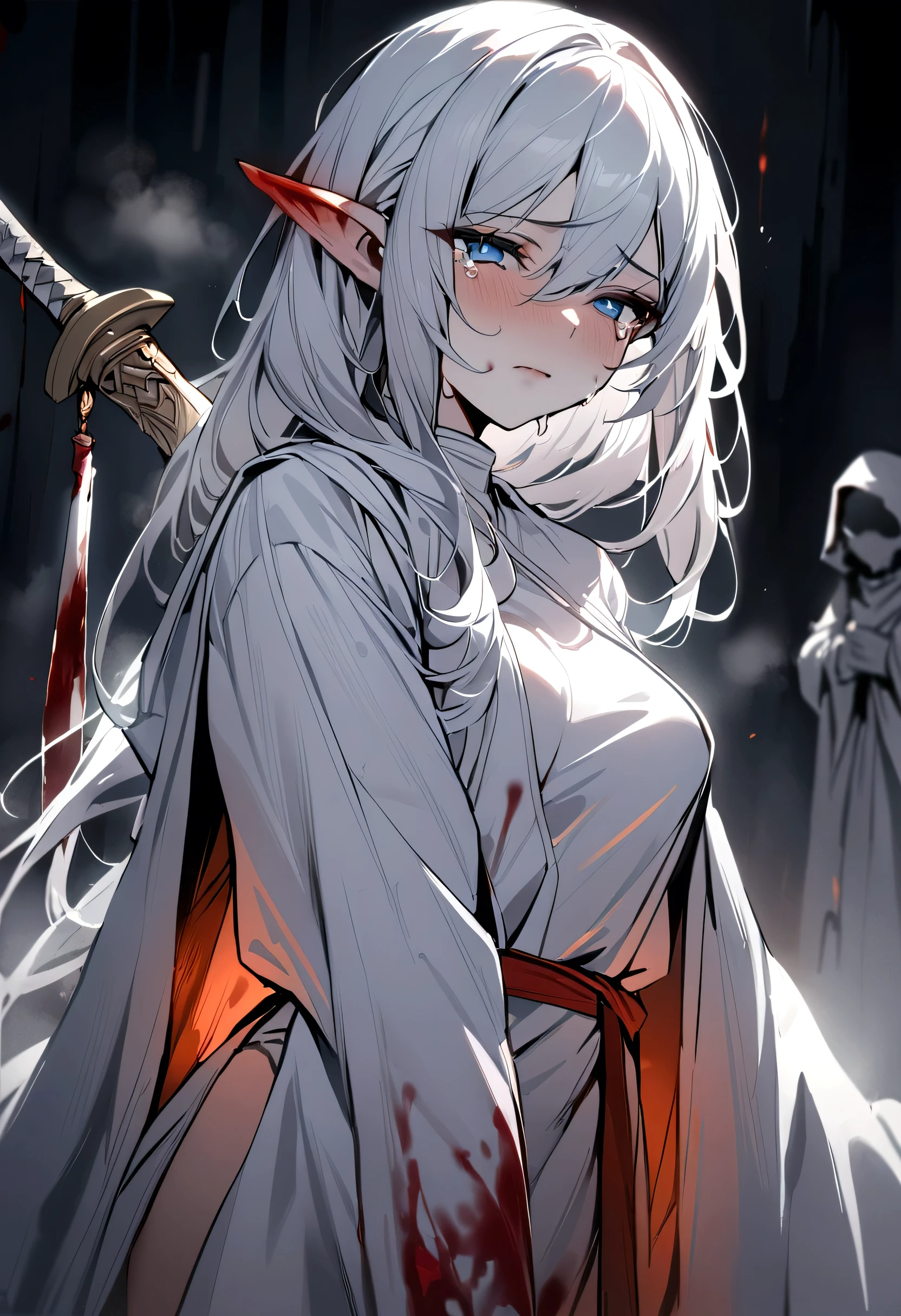 High quality, 4k, hd, white hair, female, holding a dual blade, glowing blue eyes, white monk robe outfit, masterpiece, grim background, 1 girl, blood drenched clothes, sword on her back, steam coming out of eyes, elf ears, in hell background, all white gloves, crying blood